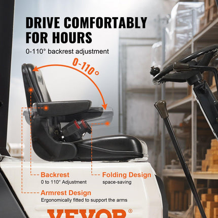 Universal Forklift Seat, Fold Down Tractor Seat with Adjustable Angle Back, Micro Switch, Seatbelt and Armrests, 16-34 cm Slot Tractor Seat for Tractor Loader Excavator.