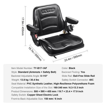 Universal Forklift Seat, Fold Down Tractor Seat with Adjustable Angle Back, Micro Switch, Seatbelt and Armrests, 16-34 cm Slot Tractor Seat for Tractor Loader Excavator.