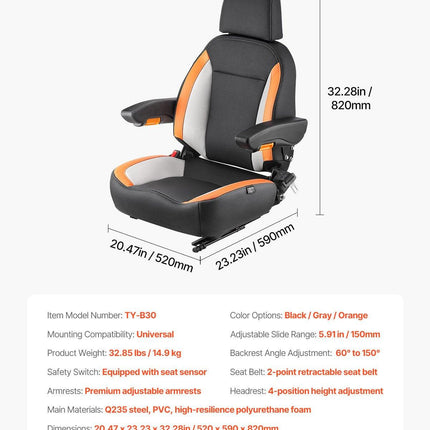 VEVOR Forklift Seat Mower Tractor Seat Adjustable Back Seatbelt & Headrest.