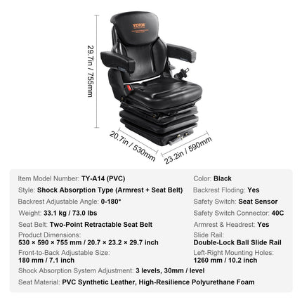 VEVOR Universal Forklift Seat Adjustable Tractor Seat with Seatbelt Armrests.