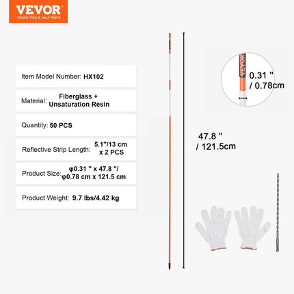 Driveway Markers, 50 PCS 121.5 cm, 0.78 cm Diameter Orange Fiberglass Poles Snow Stakes with Reflective Tape, 30 cm Steel Drill Bit & Protection Gloves for Parking Lots, Walkways Easy Visibility.