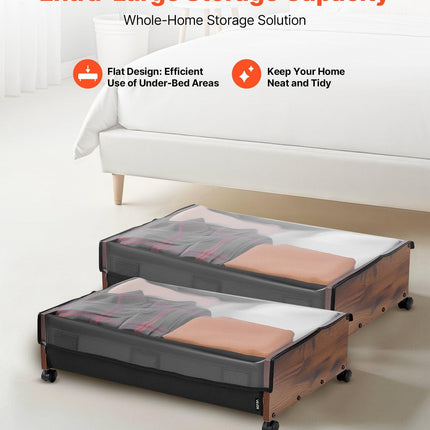 Under Bed Storage with Wheels, 650 x 460 x 180 mm Underbed Containers, Underbed Shoes Organizer with Lockable Wheels, Rolling Under the Bed Storage Bins for Clothes, Shoes, Blankets, 2 Pack.