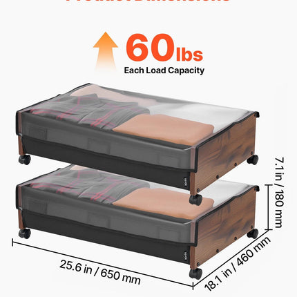 Under Bed Storage with Wheels, 650 x 460 x 180 mm Underbed Containers, Underbed Shoes Organizer with Lockable Wheels, Rolling Under the Bed Storage Bins for Clothes, Shoes, Blankets, 2 Pack.