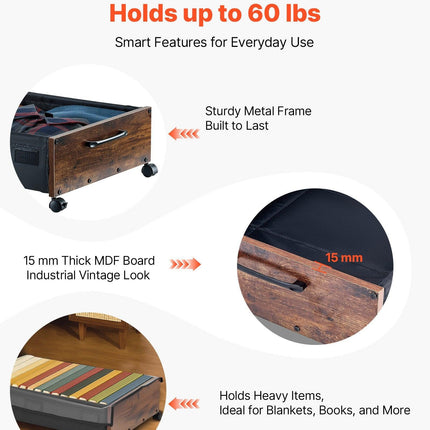 Under Bed Storage with Wheels, 650 x 460 x 180 mm Underbed Containers, Underbed Shoes Organizer with Lockable Wheels, Rolling Under the Bed Storage Bins for Clothes, Shoes, Blankets, 2 Pack.