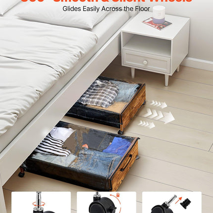 Under Bed Storage with Wheels, 650 x 460 x 180 mm Underbed Containers, Underbed Shoes Organizer with Lockable Wheels, Rolling Under the Bed Storage Bins for Clothes, Shoes, Blankets, 2 Pack.