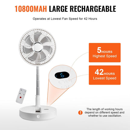 VEVOR 12 Inch Foldable Oscillating Standing Fan with Remote Control, 4 Speed Adjustable Portable Desk Quiet Fan, 7200mah Rechargeable USB Small Fan, Folded Rotating Floor Fan for Bedroom Office Travel.