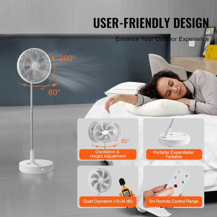 VEVOR 12 Inch Foldable Oscillating Standing Fan with Remote Control, 4 Speed Adjustable Portable Desk Quiet Fan, 7200mah Rechargeable USB Small Fan, Folded Rotating Floor Fan for Bedroom Office Travel.