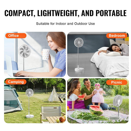 VEVOR 12 Inch Foldable Oscillating Standing Fan with Remote Control, 4 Speed Adjustable Portable Desk Quiet Fan, 7200mah Rechargeable USB Small Fan, Folded Rotating Floor Fan for Bedroom Office Travel.