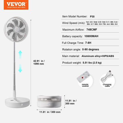 VEVOR 12 Inch Foldable Oscillating Standing Fan with Remote Control, 4 Speed Adjustable Portable Desk Quiet Fan, 7200mah Rechargeable USB Small Fan, Folded Rotating Floor Fan for Bedroom Office Travel.