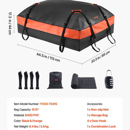 Car Rooftop Cargo Carrier Bag, 15 Cubic Feet Car Roof Cargo Carrier, 100% Waterproof Heavy Duty 840D PVC Roof Luggage Bag for All Vehicle with/without Rack- with Lock, Non-Slip Mat, 4 Door Hooks.