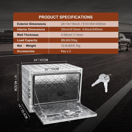 Underbody Truck Box, 24"×14"×16" Pickup Storage Box, Heavy Duty Aluminum Diamond Plate Tool Box with Lock and Keys, Waterproof Trailer Storage Box with T-Handle Latch for Truck, Van, Trailer.