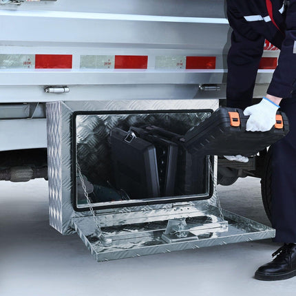 Underbody Truck Box, 24"×14"×16" Pickup Storage Box, Heavy Duty Aluminum Diamond Plate Tool Box with Lock and Keys, Waterproof Trailer Storage Box with T-Handle Latch for Truck, Van, Trailer.