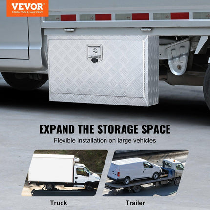 Underbody Truck Box, 30"×14"×16" Pickup Storage Box, Heavy Duty Aluminum Diamond Plate Tool Box with Lock and Keys, Waterproof Trailer Storage Box with T-Handle Latch for Truck, Van, Trailer.