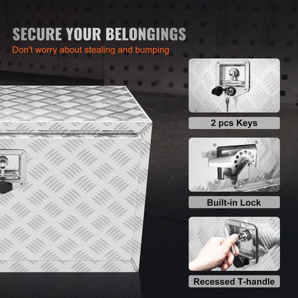 Underbody Truck Box, 30"×14"×16" Pickup Storage Box, Heavy Duty Aluminum Diamond Plate Tool Box with Lock and Keys, Waterproof Trailer Storage Box with T-Handle Latch for Truck, Van, Trailer.