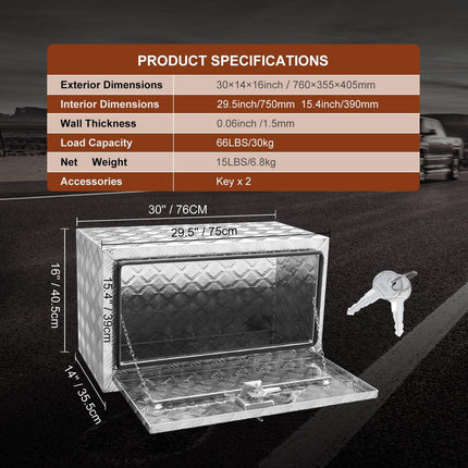 Underbody Truck Box, 30"×14"×16" Pickup Storage Box, Heavy Duty Aluminum Diamond Plate Tool Box with Lock and Keys, Waterproof Trailer Storage Box with T-Handle Latch for Truck, Van, Trailer.