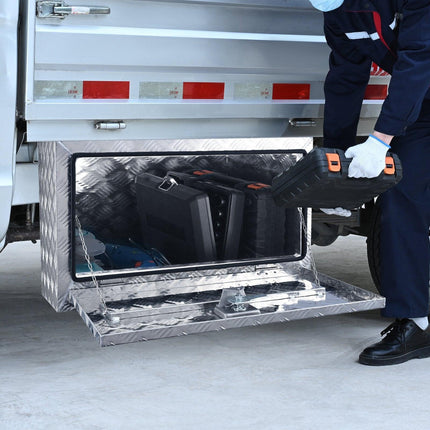Underbody Truck Box, 30"×14"×16" Pickup Storage Box, Heavy Duty Aluminum Diamond Plate Tool Box with Lock and Keys, Waterproof Trailer Storage Box with T-Handle Latch for Truck, Van, Trailer.