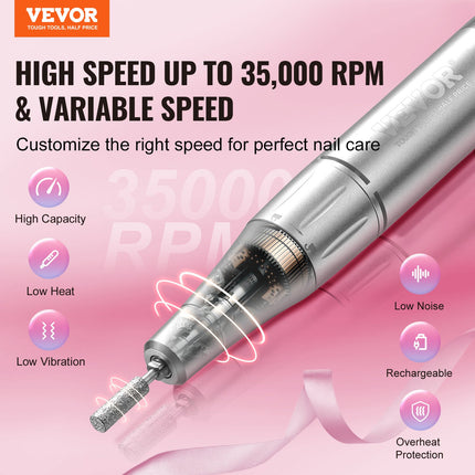 Electric Rechargeable Nail Drill, 35,000RPM Portable Cordless Nail E File Machine, LCD-Display Acrylic Gel Grinder Tool with 6 Bits and 50PCS Sanding Bands for Manicure Pedicure Carve Polish.