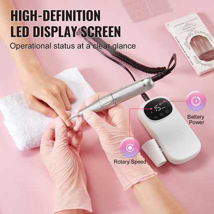 Electric Rechargeable Nail Drill, 35,000RPM Portable Cordless Nail E File Machine, LCD-Display Acrylic Gel Grinder Tool with 6 Bits and 50PCS Sanding Bands for Manicure Pedicure Carve Polish.