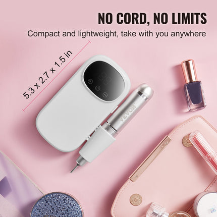 Electric Rechargeable Nail Drill, 35,000RPM Portable Cordless Nail E File Machine, LCD-Display Acrylic Gel Grinder Tool with 6 Bits and 50PCS Sanding Bands for Manicure Pedicure Carve Polish.