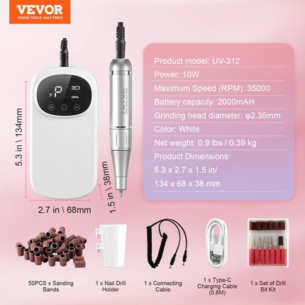 Electric Rechargeable Nail Drill, 35,000RPM Portable Cordless Nail E File Machine, LCD-Display Acrylic Gel Grinder Tool with 6 Bits and 50PCS Sanding Bands for Manicure Pedicure Carve Polish.