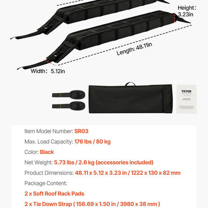 Soft Roof Rack Pads 33in 176lbs Load Capacity for Kayak Canoe Surfboard Luggage.