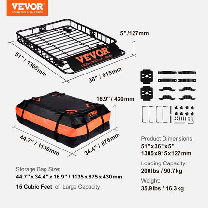 Roof Rack Cargo Basket 200 LBS 51"x36"x5" for SUV Truck with Luggage Bag.