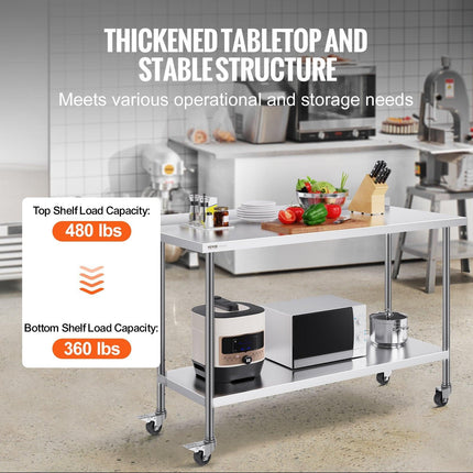 24 x 60 x 40 Inch Stainless Steel Work Table, Commercial Food Prep Worktable with Casters, Heavy Duty Prep Worktable, Metal Work Table with Adjustable Height for Restaurant, Home and Hotel.