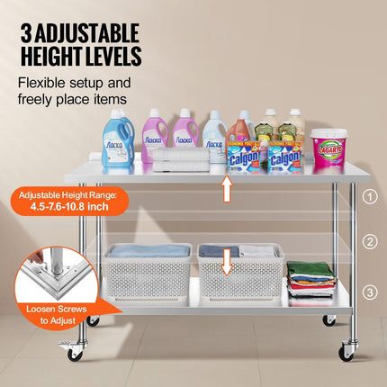 24 x 60 x 40 Inch Stainless Steel Work Table, Commercial Food Prep Worktable with Casters, Heavy Duty Prep Worktable, Metal Work Table with Adjustable Height for Restaurant, Home and Hotel.