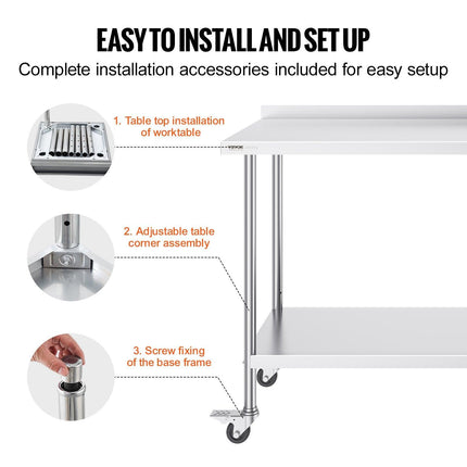 24 x 60 x 40 Inch Stainless Steel Work Table, Commercial Food Prep Worktable with Casters, Heavy Duty Prep Worktable, Metal Work Table with Adjustable Height for Restaurant, Home and Hotel.