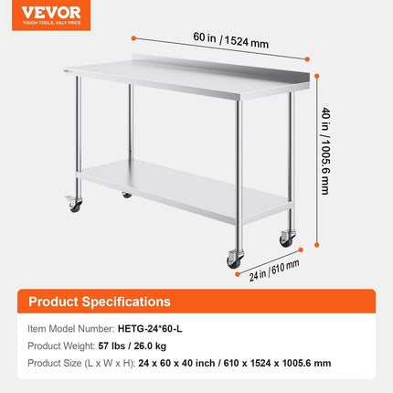 24 x 60 x 40 Inch Stainless Steel Work Table, Commercial Food Prep Worktable with Casters, Heavy Duty Prep Worktable, Metal Work Table with Adjustable Height for Restaurant, Home and Hotel.