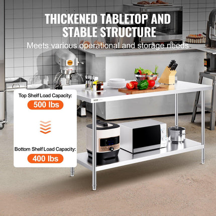 24 x 60 x 36 Inch Stainless Steel Work Table, Commercial Food Prep Worktable Heavy Duty Prep Worktable, Metal Work Table with Adjustable Height for Restaurant, Home and Hotel.