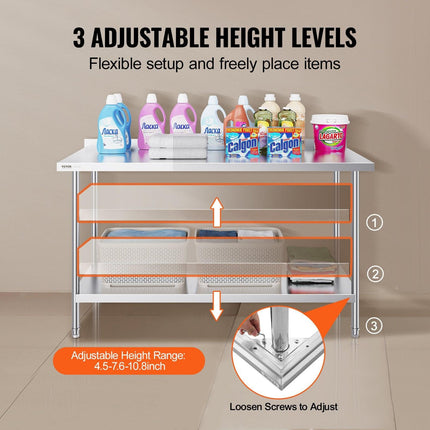 24 x 60 x 36 Inch Stainless Steel Work Table, Commercial Food Prep Worktable Heavy Duty Prep Worktable, Metal Work Table with Adjustable Height for Restaurant, Home and Hotel.