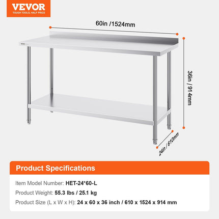24 x 60 x 36 Inch Stainless Steel Work Table, Commercial Food Prep Worktable Heavy Duty Prep Worktable, Metal Work Table with Adjustable Height for Restaurant, Home and Hotel.