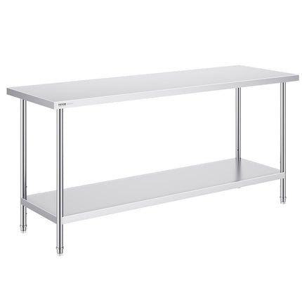 Stainless Steel Prep Table, 24 x 72 x 34 Inch, Heavy Duty Metal Worktable with 3 Adjustable Height Levels, Commercial Workstation for Kitchen Garage Restaurant Backyard.