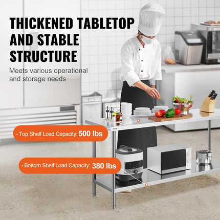 Stainless Steel Prep Table, 24 x 72 x 34 Inch, Heavy Duty Metal Worktable with 3 Adjustable Height Levels, Commercial Workstation for Kitchen Garage Restaurant Backyard.