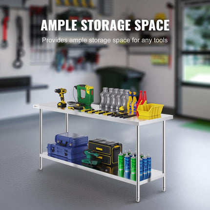 Stainless Steel Prep Table, 24 x 72 x 34 Inch, Heavy Duty Metal Worktable with 3 Adjustable Height Levels, Commercial Workstation for Kitchen Garage Restaurant Backyard.