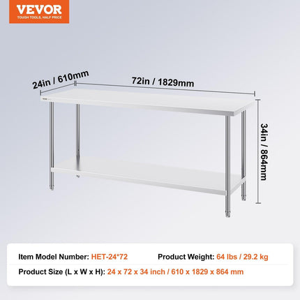 Stainless Steel Prep Table, 24 x 72 x 34 Inch, Heavy Duty Metal Worktable with 3 Adjustable Height Levels, Commercial Workstation for Kitchen Garage Restaurant Backyard.
