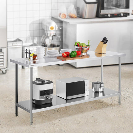 Stainless Steel Prep Table, 24 x 72 x 34 Inch, Heavy Duty Metal Worktable with 3 Adjustable Height Levels, Commercial Workstation for Kitchen Garage Restaurant Backyard.