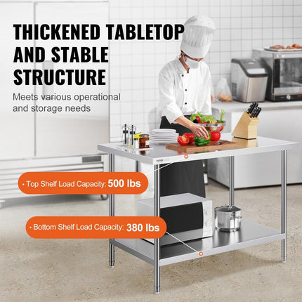 Stainless Steel Prep Table, 30 x 48 x 34 Inch, Heavy Duty Metal Worktable with 3 Adjustable Height Levels, Commercial Workstation for Kitchen Garage Restaurant Backyard.