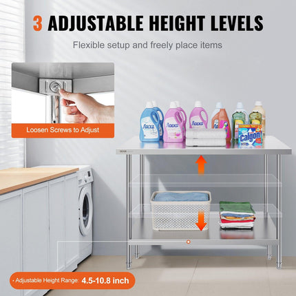 Stainless Steel Prep Table, 30 x 48 x 34 Inch, Heavy Duty Metal Worktable with 3 Adjustable Height Levels, Commercial Workstation for Kitchen Garage Restaurant Backyard.