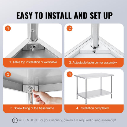 Stainless Steel Prep Table, 30 x 48 x 34 Inch, Heavy Duty Metal Worktable with 3 Adjustable Height Levels, Commercial Workstation for Kitchen Garage Restaurant Backyard.