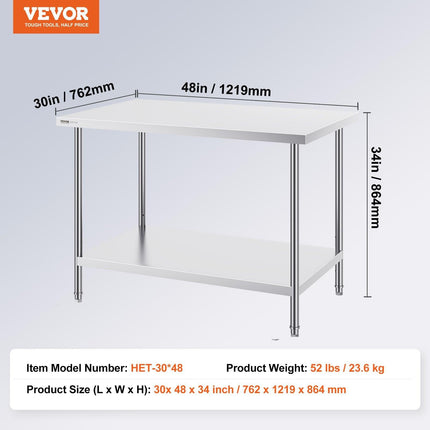 Stainless Steel Prep Table, 30 x 48 x 34 Inch, Heavy Duty Metal Worktable with 3 Adjustable Height Levels, Commercial Workstation for Kitchen Garage Restaurant Backyard.