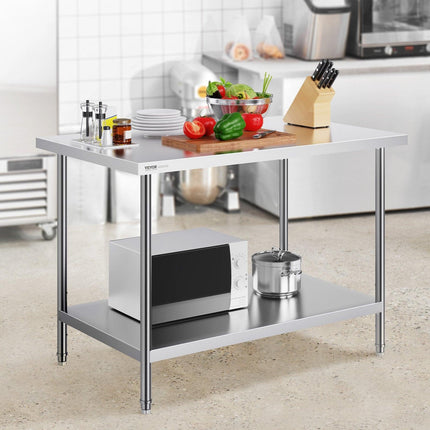 Stainless Steel Prep Table, 30 x 48 x 34 Inch, Heavy Duty Metal Worktable with 3 Adjustable Height Levels, Commercial Workstation for Kitchen Garage Restaurant Backyard.