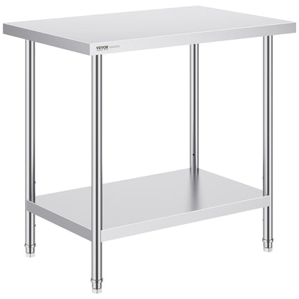 Stainless Steel Prep Table, 24 x 36 x 34 Inch, Heavy Duty Metal Worktable with 3 Adjustable Height Levels, Commercial Workstation for Kitchen Garage Restaurant Backyard.