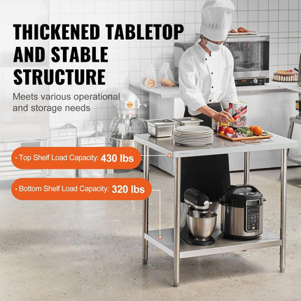 Stainless Steel Prep Table, 24 x 36 x 34 Inch, Heavy Duty Metal Worktable with 3 Adjustable Height Levels, Commercial Workstation for Kitchen Garage Restaurant Backyard.