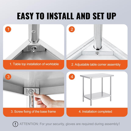 Stainless Steel Prep Table, 24 x 36 x 34 Inch, Heavy Duty Metal Worktable with 3 Adjustable Height Levels, Commercial Workstation for Kitchen Garage Restaurant Backyard.