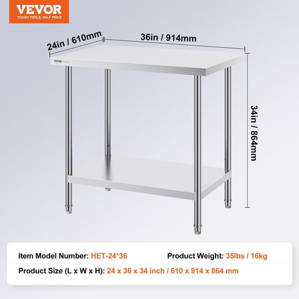 Stainless Steel Prep Table, 24 x 36 x 34 Inch, Heavy Duty Metal Worktable with 3 Adjustable Height Levels, Commercial Workstation for Kitchen Garage Restaurant Backyard.