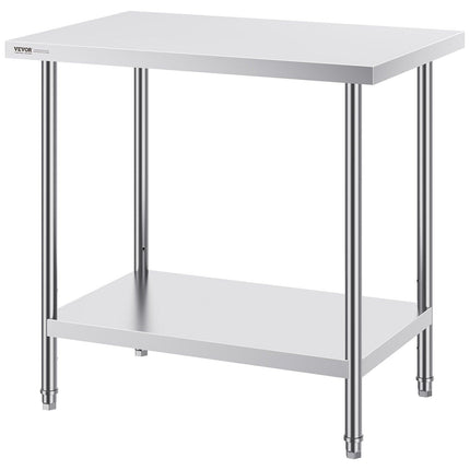 Stainless Steel Prep Table, 24 x 36 x 34 Inch, Heavy Duty Metal Worktable with 3 Adjustable Height Levels, Commercial Workstation for Kitchen Garage Restaurant Backyard.