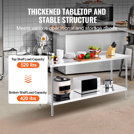 24 x 72 x 36 Inch Stainless Steel Work Table, Commercial Food Prep Worktable Heavy Duty Prep Worktable, Metal Work Table with Adjustable Height for Restaurant, Home and Hotel.