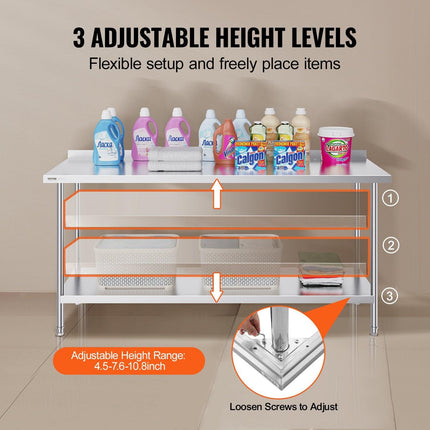 24 x 72 x 36 Inch Stainless Steel Work Table, Commercial Food Prep Worktable Heavy Duty Prep Worktable, Metal Work Table with Adjustable Height for Restaurant, Home and Hotel.
